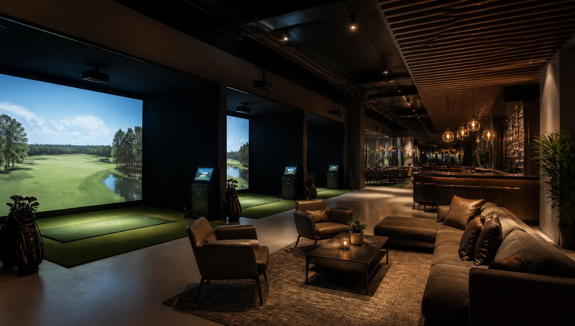 Commercial golf simulator venue with multiple hitting bays
